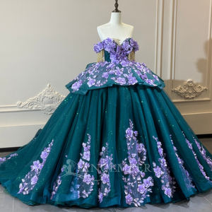 Robe de bal Quinceañera XS300 en dentelle avec perles de cristal, paillettes, décolleté cœur, appliques florales et pompons, pour femme, idéale pour les fêtes - Product Image 2