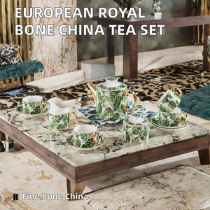 Service à café et thé en porcelaine fine BEST Green Leaf, théière et tasses avec soucoupes, poignée dorée, pour la maison et les mariages - Product Image 2
