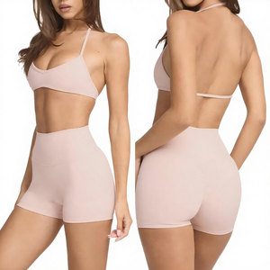 ชุดออกกำลังกาย 3 ชิ้น เสื้อชั้นในโยคะพิมพ์ลายระบายอากาศน้ำหนักเบาสำหรับผู้หญิงพร้อมกางเกงขาสั้น แห้งเร็ว เหมาะสำหรับฟิตเนสและกิจกรรมกีฬา พร้อมโลโก้แบบกำหนดเอง - Product Image 4