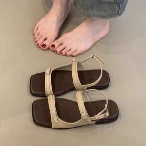Stylish Design One Strap Roman <b>Shoes</b> French Style Genuine Leather <b>Soft</b> Sole Flat Sandals Women Versatile Seaside Vacation - Product Image 1