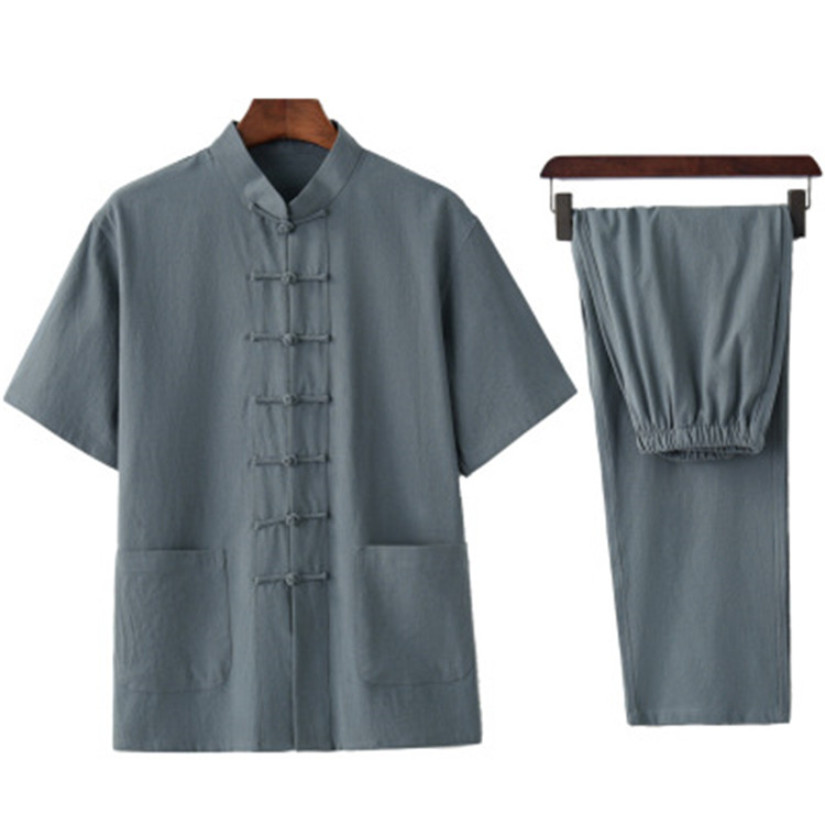 Традиционный китайский комплект одежды, костюмы кунг-фу тайчи, Льняные китайские костюмы с коротким рукавом JV562