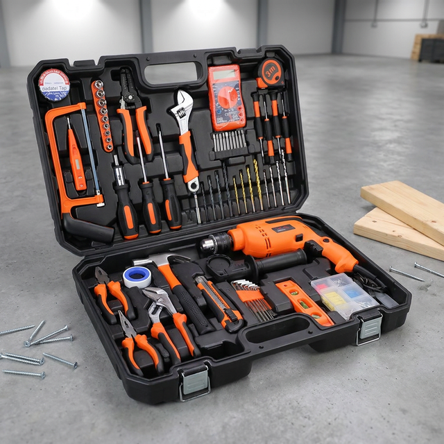 Carbon Steel Hand Tools Blow Molded Case 66Pcs Impact Drill And Multimeter Tool Kit For Home Repair And DIY