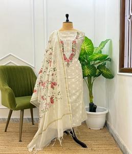 Ensemble de Kurti en coton Banarasi et soie Chanderi non cousu pour femmes, vêtements ethniques indiens, design élégant pour les fêtes, tissu confortable - Product Image 1