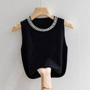 Chaleco de mujer blanco sin mangas con cuentas, top de punto para primavera y otoño, capa interior con blazer corto, camisola frontal. - Product Image 1