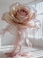 Rose géante en organza rose poudré avec longues franges en tulle, fleur artificielle faite à la main pour mariage et vitrine de boutique de vêtements