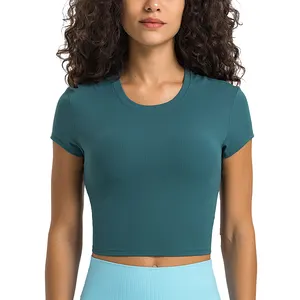 女性半袖コンプレッションクイックドライリブクロップヨガTシャツ