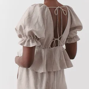 OEM Custom Girls Khaki Hollow Out Blouses Short Puff Sleeve Ruffles Linen Cotton Blouse Backless Top for Young Ladies