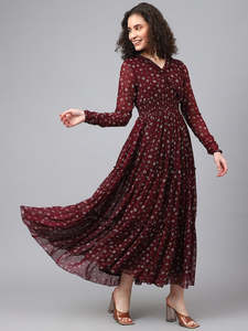 Vestido Midi de Mujer con Estampado Floral, Georgette Dobby, Fruncido, Corte A, Sin Mangas, Cuello en V, Casual, Estilo Western, Acampanado, Otoño, Natural - Product Image 5