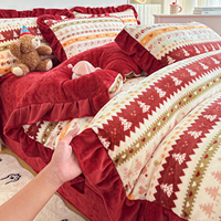 Parure de lit 4 pièces en velours de lait style européen 100 % polyester, motif plantes toutes saisons, édredon épais à volants motif sapin de Noël Fair Isle