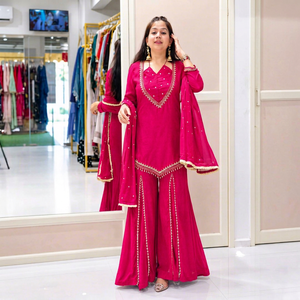 Conjunto de traje kurta palazzo recto rosa bordado para mujer con dupatta - Product Image 1