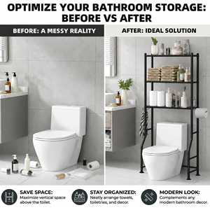 3-Tier Over the Toilet Storage Rack Freestanding Waterproof <b>Metal</b> Toilet <b>Shelf</b> Bathroom Space Saver Organizer <b>Shelf</b> with Hooks - Product Image 4