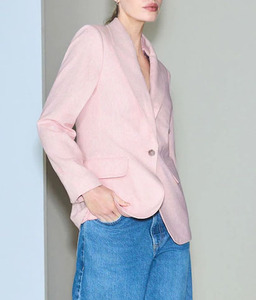 Blazer formal de lino/algodón tejido con letras rosas para mujer, traje de mujer con botones de una sola fila para primavera - Product Image 3