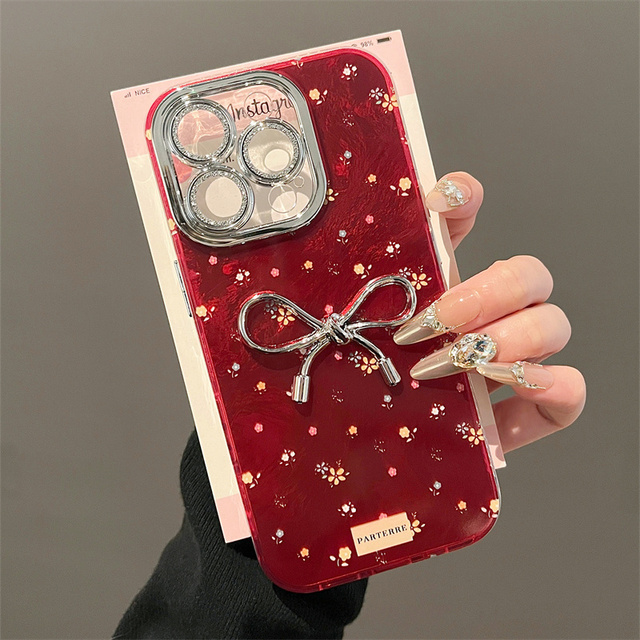 VSTA New 3D Bowknot Floral Red Phone Case for iphone 16 15 14 13 12 Pro Max 11 XR Girl Glitter Camera Protector Soft Cover Shell