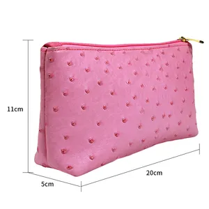 豪華でユニークなダチョウの皮PUレザーメイクアップバッグピンクの女性のクラッチバッグ耐久性のある化粧品バッグ携帯電話の財布