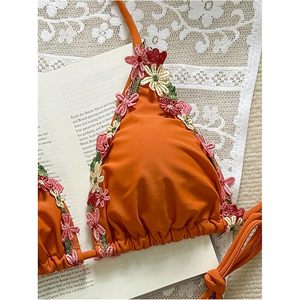 FOXA Women's 2 Piece Halter <b>Triangle</b> <b>Bikini</b> <b>Set</b> With 3D Floral Decoration Stretch Swimwear For Vacation - Product Image 4