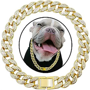 Luxe Hip Hop Pet Bijoux Accessoires 15mm Argent Or Métal Strass <span class=keywords><strong>Collier</strong></span> <span class=keywords><strong>Collier</strong></span> Large Cristal Chaînes Cubaines pour Chiens - Product Image 2