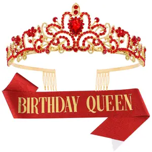 Birthday Queen Sash & Crown Tiara Kit - Tiaras for Women Girls Party Decorations Crystal Headband Hair Accessories Cake Topper