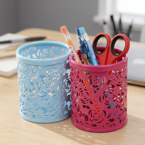 Organizador de Escritorio Redondo de Metal con Diseño de Rosas, Portalápices Rosa y Azul para Almacenamiento de Artículos de Oficina - Product Image 3