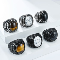 Bijoux de Mode Bagues en Acier Inoxydable pour Hommes, Bague en Acier Titane Gravée avec Œil de Tigre Incrusté et Turquoise