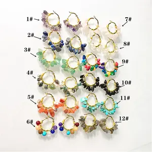 EN1042 hand crafted wire wrapped fashion natural crystal quartz semiprecious stone chips beaded gold hoops earring