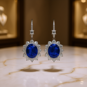 Orecchini Classici in Oro Bianco con Diamanti e Zaffiro Blu Ovale Centrale per Donne, Matrimonio, Certificati GIA - Product Image 2