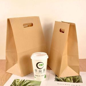 Wholesale Custom Printed <b>Biodegradable</b> Brown Kraft <b>Paper</b> Bags with Die-Cut Handle for Food Lunch Pizza Delivery Packaging - Product Image 1