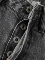 Jeans droits déchirés pour hommes, taille mi-haute, couleur unie, délavage vintage, effet moustaches de chat, denim selvedge importé avec patch en peau de mouton, ODM OEM