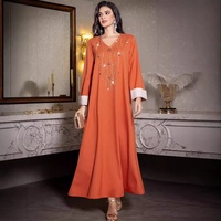 Nouvelle robe arabe décontractée en polyester à col en V, coupe régulière, ornée de strass cousus à la main, longueur cheville # Abaya, Kaftan, Tunique, Robe, Kimono