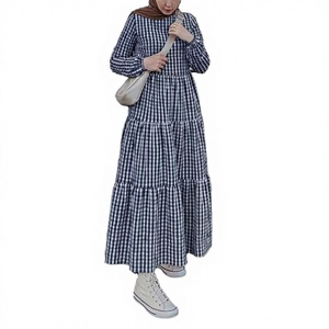 Vestido Largo de Manga Larga para Mujer, Diseño a Cuadros, Corte Holgado, Cuello Redondo, Algodón, Estilo Modesto para Uso Diario, Dobladillo Plisado, Todas las Temporadas - Product Image 3