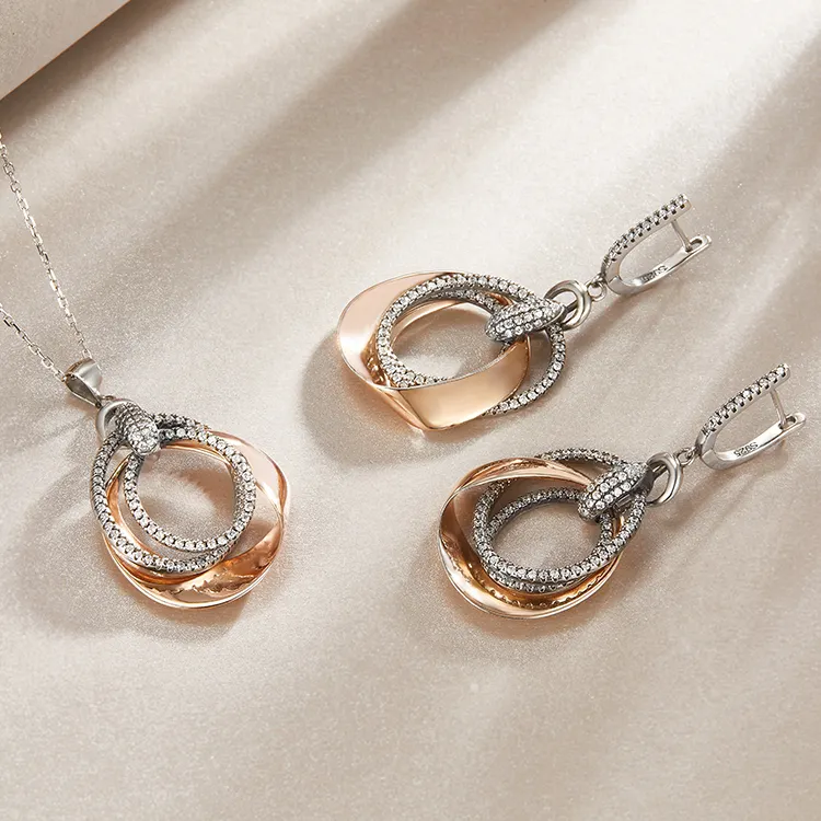 Bling 925 silver rose gold plated bridal jewelry set thin CZ zircon interlocking circles necklace earrings jewelry set