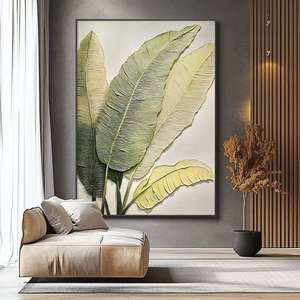 Art mural abstrait en <span class=keywords><strong>toile</strong></span> d'<span class=keywords><strong>huile</strong></span> 3D de style bleu moderne, 100% peint à la main, feuilles vertes, cadre noir, œuvre d'art suspendue - Product Image 3