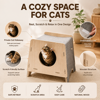 Maison pour chat en bois avec tapis à gratter 2 en 1, grotte semi-fermée pour chat avec housse amovible et lavable pour chats d'intérieur