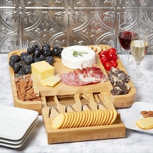Cross-border bamboo cheese board <b>set</b>, <b>square</b> drawer, cutting board, pizza board with four knives - Product Image 1