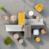 Tabouret double Island 2.0 B avec panneau en bois de poirier, assise en tissu QW-110, texture sable, structure métallique grise pour hall d'accueil commercial