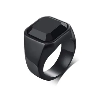 Lefeng Wholesale Custom Mens Black Onyx Rings Stainless Steel Square Agate Signet Rings for Men