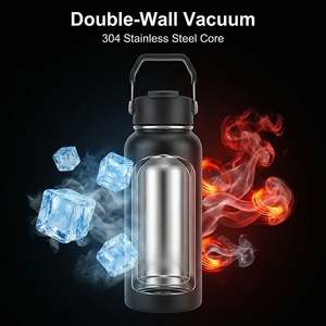 Bouteille d'eau isotherme en acier inoxydable noir de 32 oz avec couvercle rabattable breveté, poignée réglable en acier inoxydable, thermos anti-fuite - Product Image 6