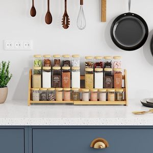 Étagère à épices en bois à double niveau avec poignée pour rangement de cuisine, taille L - Product Image 2