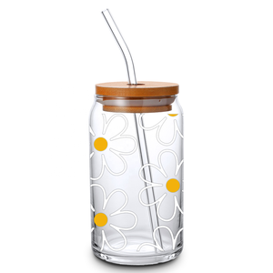 <span class=keywords><strong>Margherita</strong></span> bianca 16oz libey in vetro con coperchio di bambù e paglia può modellare il vetro con disegno floreale Boho per il succo di latte ghiacciato al caffè - Product Image 3