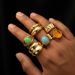 Anillo <span class=keywords><strong>de</strong></span> Textura Martillada con Piedras <span class=keywords><strong>Preciosas</strong></span> en Capas Estilo <span class=keywords><strong>Instagram</strong></span> y Perlas <span class=keywords><strong>de</strong></span> Formas Inusuales, Joyería Moderna para Mujer para Uso Diario - Product Image 1
