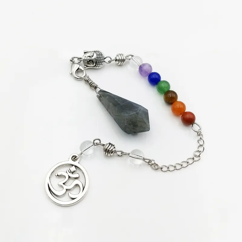 Wholesale Natural Gemstone Seven 7 Chakra Charms Pointed Healing Pendulum Clock Chain Beads Pendants Yoga 3D Buddha Jewelry