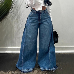 <span class=keywords><strong>Jean</strong></span> large pour <span class=keywords><strong>femme</strong></span>, style européen et américain, bleu délavé, avec empiècements, coupe évasée, ample, longueur au sol, à bords bruts - Product Image 3