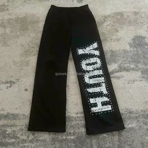 QYOURECLO özel Rhinestone Logo Flare pantolon fransız Terry Unisex uzun İpli Streetwear Flared erkek Sweatpants