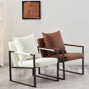 Fauteuil simple de style nordique, revêtement en cuir, chaise minimaliste pour salon avec structure en métal et coussin pour petit appartement - Product Image 3