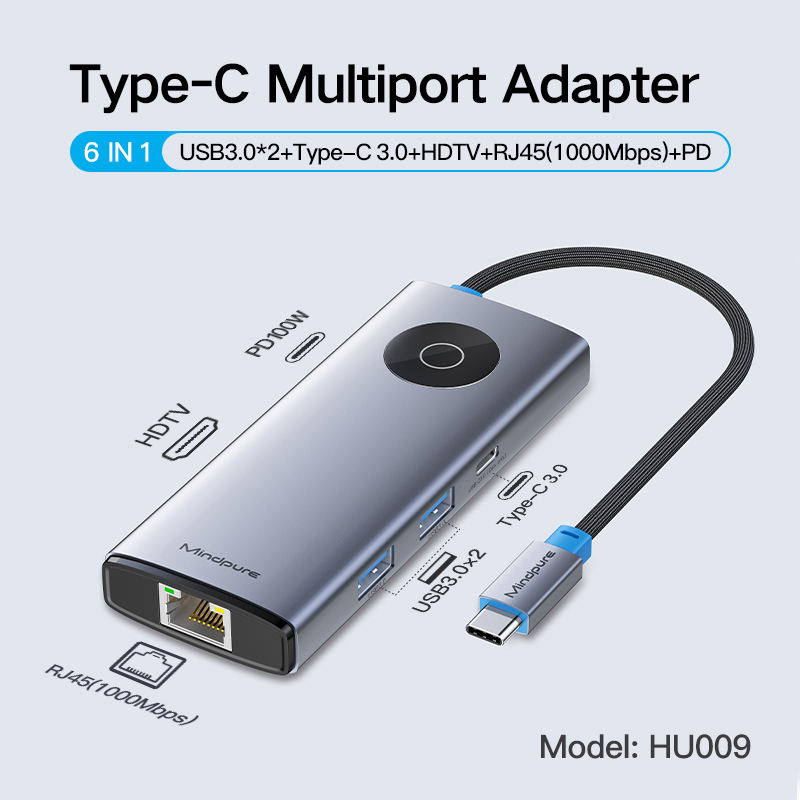 Gray-6 in 1 USB3.0*2+Type-C+HDTV+PD+Gigabit