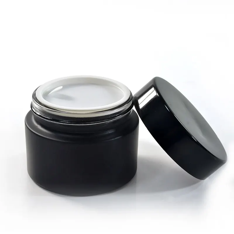 Empty 30ml 50ml matte black frosted glass cosmetic cream jar with gold silver black caps