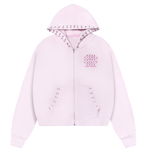 Sudadera con capucha rosa claro extragrande para hombre con cremallera, logotipo personalizado, adornos de perlas y piedras, ropa urbana gráfica, ODM OEM al por mayor - Product Image 1