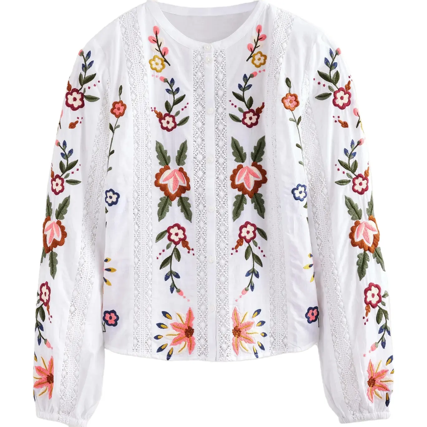 OEM New Design Vintage Women Collarless Cotton Holiday Blouse Floral Embroidered Shirt STB9081A