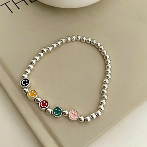 S925 Sterling Silver <b>Rainbow</b> Smiley Face Beaded <b>Bracelet</b> Unisex Everyday Wear Jewelry - Product Image 4