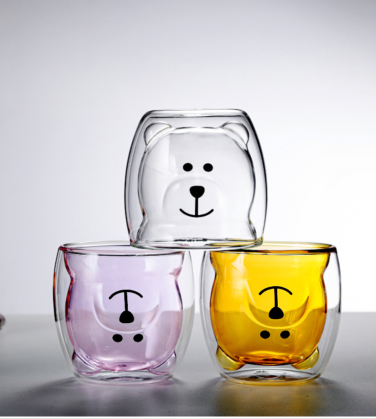 Wholesale 250ml Borosilicate Double Wall Glass Coffee Cup mug In Different Colors Bear Shaped Mug For Drink