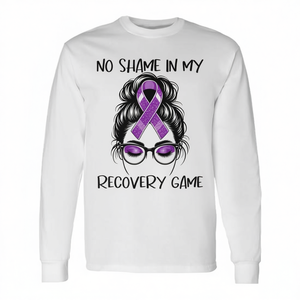 Camiseta de manga larga No Shame In My Recovery Game Sobriety con lazo morado para concienciación sobre la sobriedad - Product Image 2